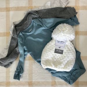 Carters baby hat with Pom plus 3 onsies